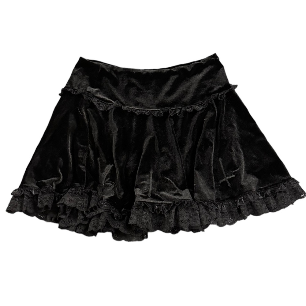 Black maid anime goth lolita cross stitch lace trim mini skirt, like new